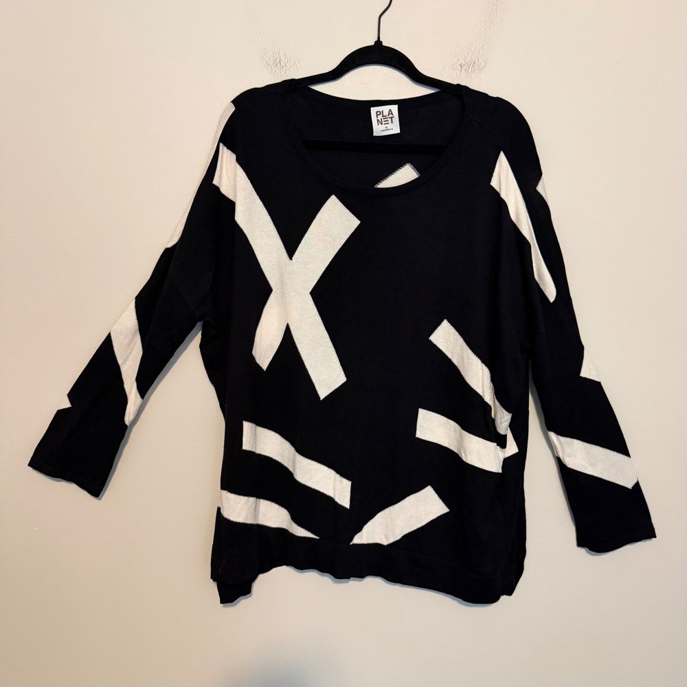 PLANET by Lauren G Sweater One Size Black Ivory Geometric Pima Cotton Modal